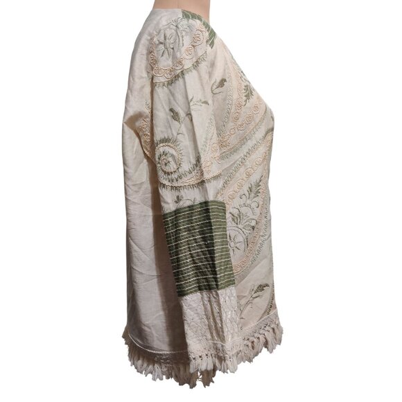 Womens L Jacket Boho Embroidered Fringe Cream Green Open Front Folk Artisan Indi - Picture 3 of 12